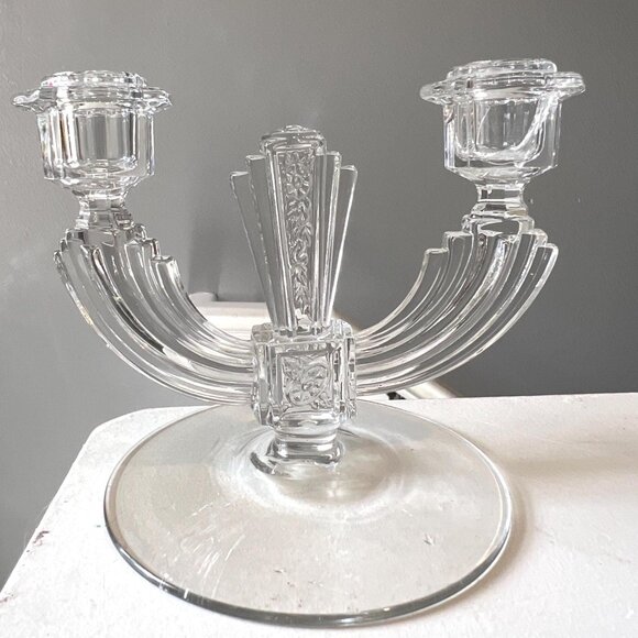 1930s Art Deco Glass Candle Holders Pair | Vintage Double-Arm Crystal Candelabra - Picture 5 of 7